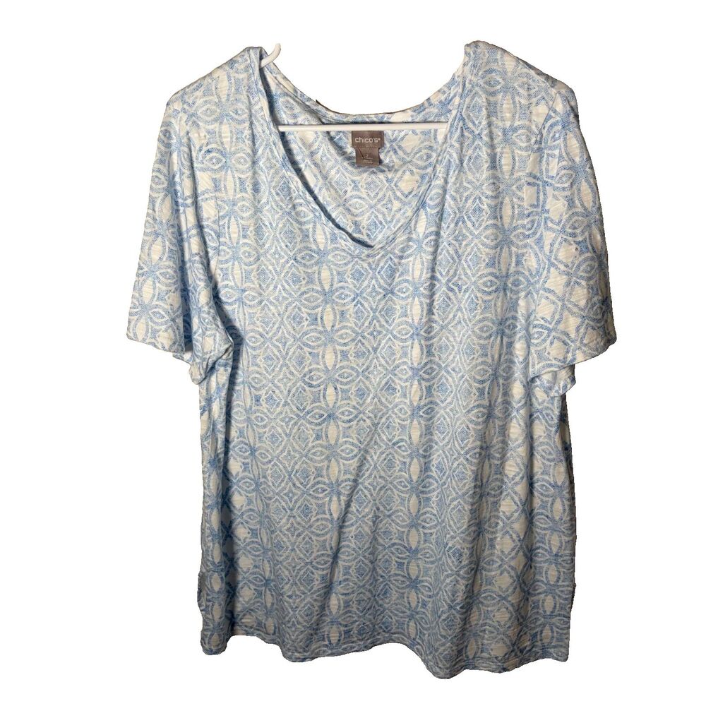 Chico's T-Shirt Women's Large Blue Geometric Short Sleeve V-Neck Casual Top